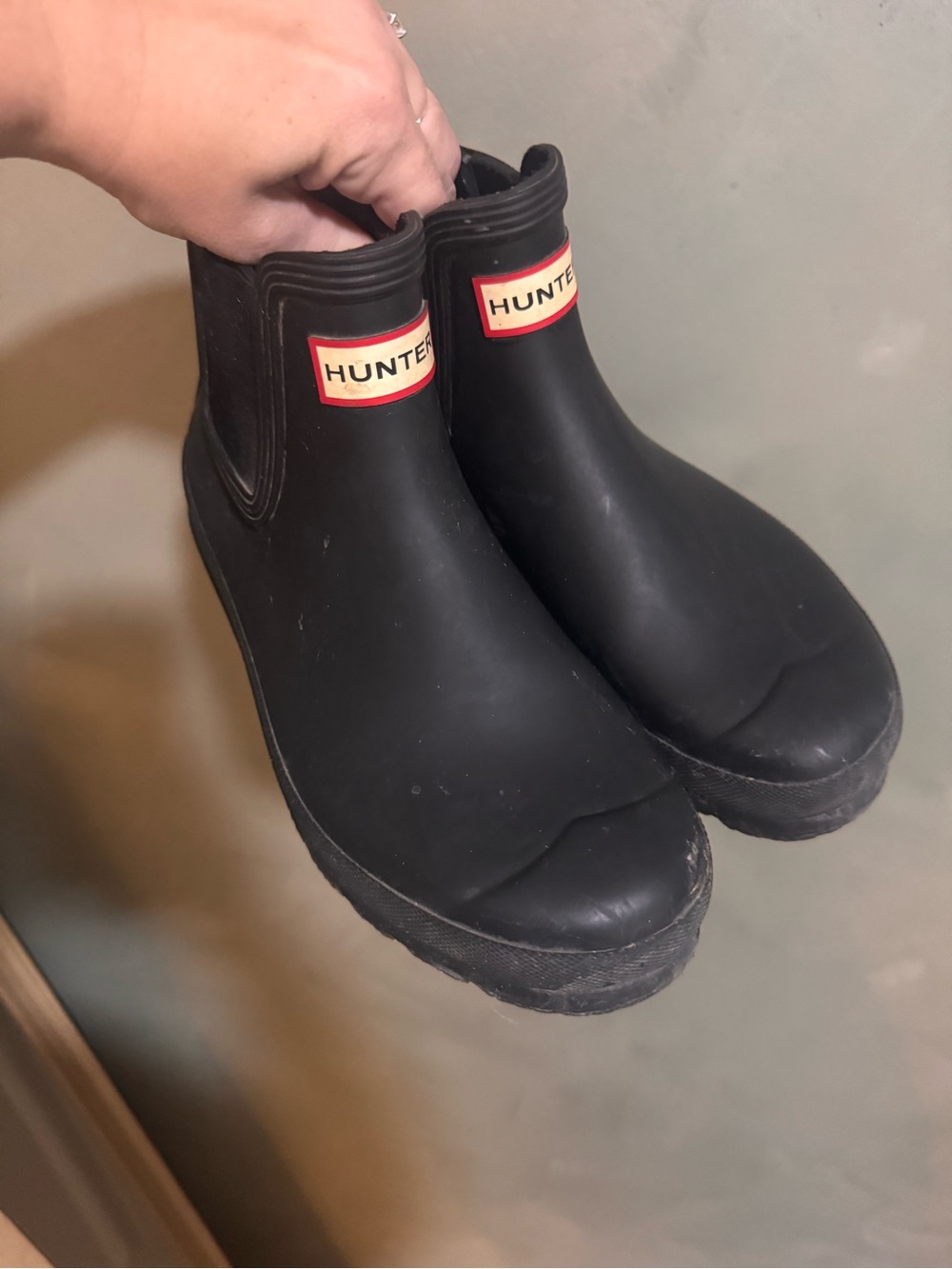 Hunter Black Short Chelsea Rain Boots with Red Logo